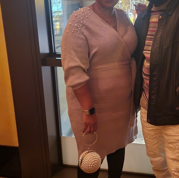 Pearl Beaded Cut Out Bsck Dolman Sleeve Sweater Dress - Picture 4 of 4